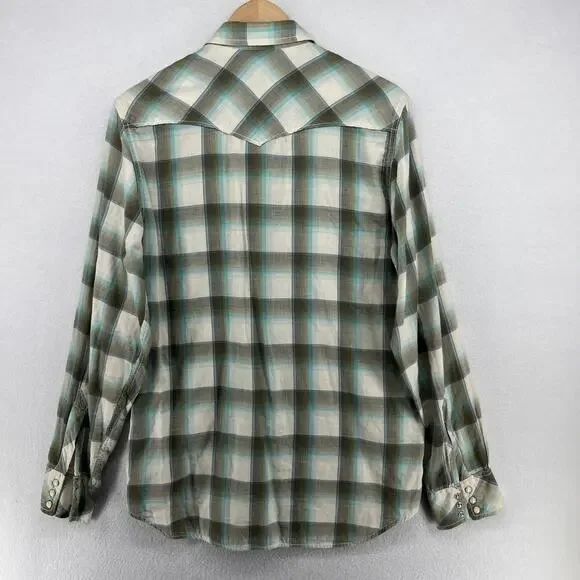 LUCKY BRAND Shirt Mens M Plaid Pearl Snap Front Western Double Layer Cotton Gray - Picture 3 of 15